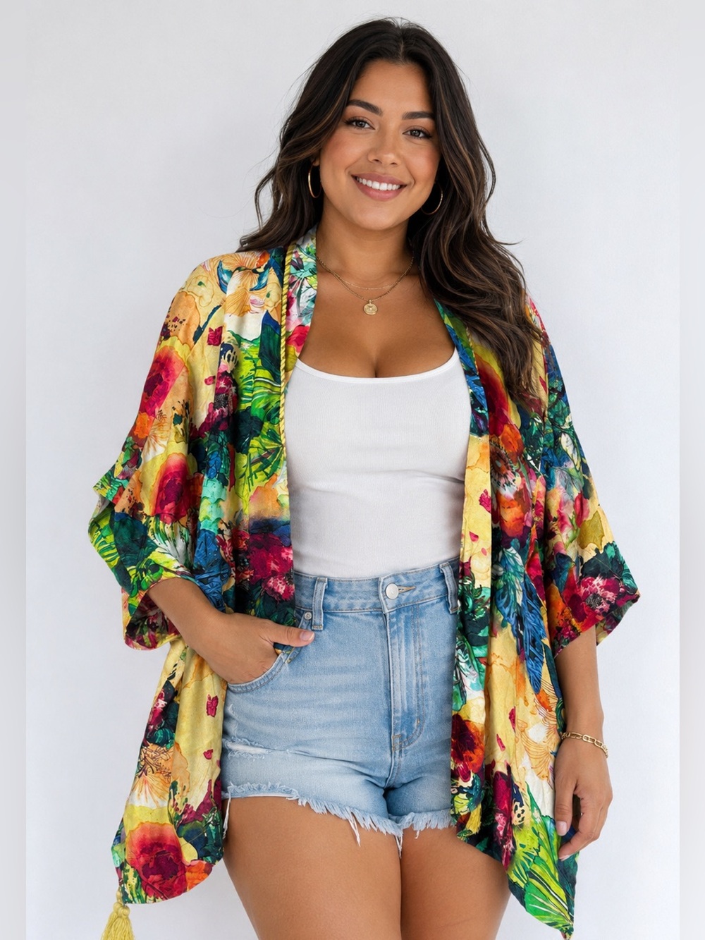 Soft Surroundings OMORA Floral Multi Open-Front Topper - Yellow, Green, Red L/XL